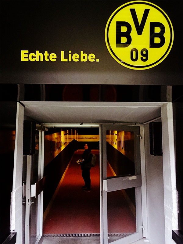 View of player tunnel. According to our guide it's the narrowest player tunnel in Bundesliga. Purposely left small to create a sense of togetherness